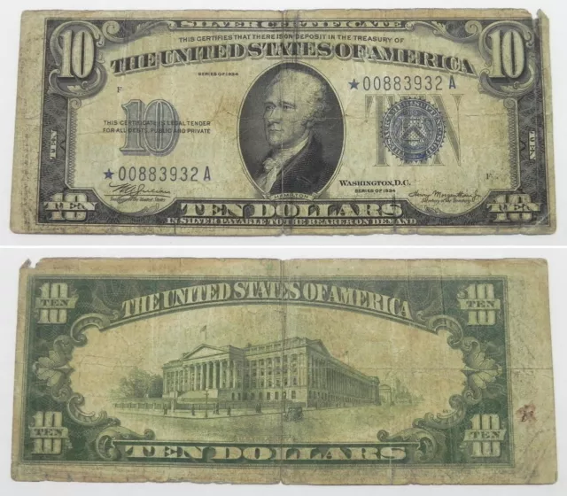 1934 $10 MULE Silver Certificate STAR Note, mis-alignment, FR-1701m*, *00883932A