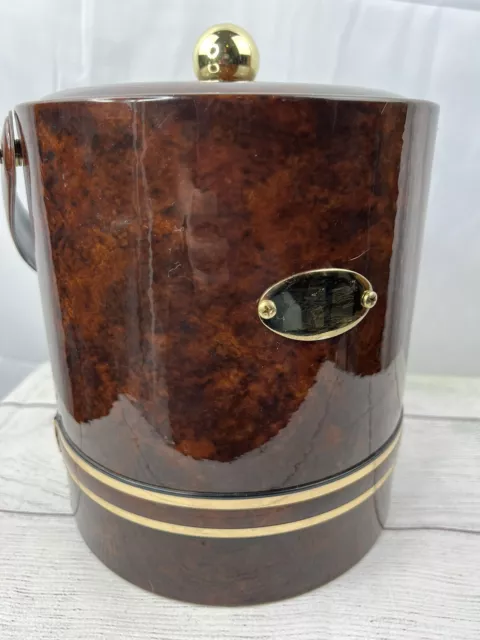 Georges Briard Ice Bucket Faux Leather Tortoise Shell Brown MCM USA Lid 8.5 tall