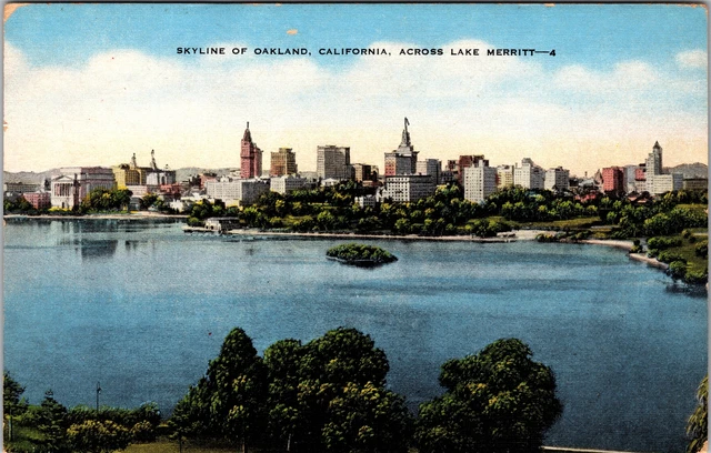 Oakland CA- California, Skyline, Aerial Lake View, Vintage Postcard