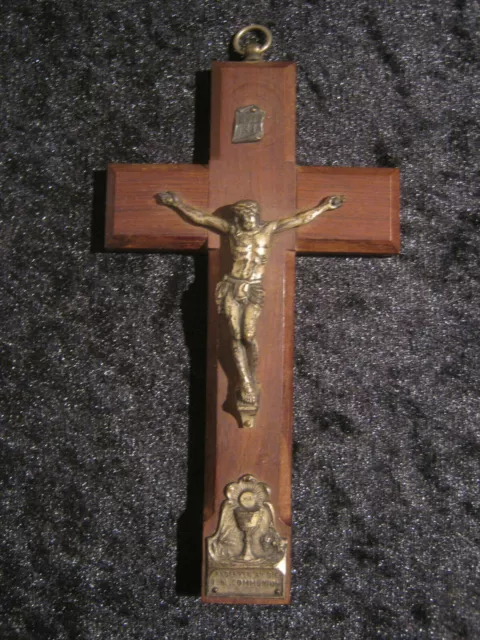 Antikes Kruzifix mit Corpus Christi, Wandkreuz, Holz Metall 1. Hälfte 20. Jhdt
