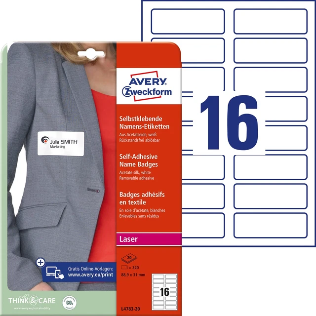 Avery Zweckform L4783 Name Badge Labels, 20 Sheets/320 Labels/88.9 x 31 mm, Whit