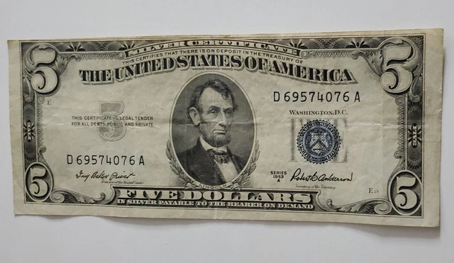 Five Dollar Silver Certificate Blue Seal 1953-A Circulated Miscut Misaligned