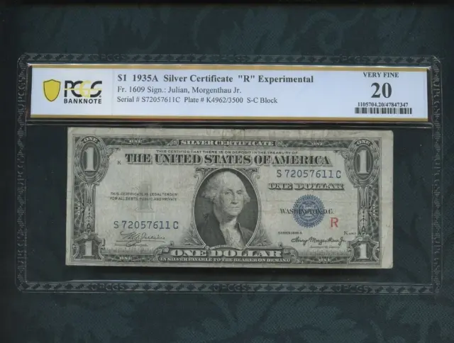 1935 A Silver Certificate "R" Experimental   $1 dollar Fr # 1609 PCGS 15