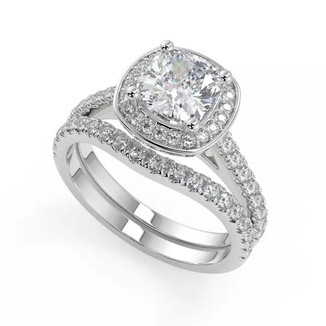 1.9 Ct Cushion Cut Halo French Pave Diamond Engagement Ring SI2 G Treated