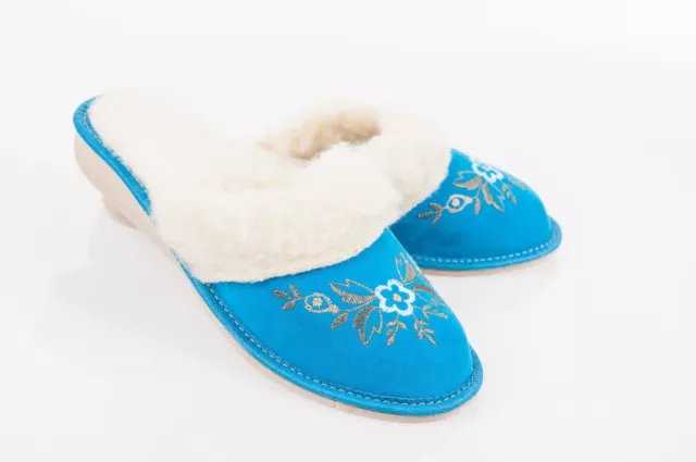 Women Blue 100% Suede Leather Slippers Wool Shoes Size 3 4 5 6 7 8 Flip-Flop F