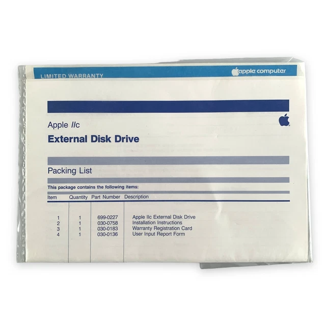 VTG 1984 Apple IIc External Disk Drive Packing List Packet Install Instructions