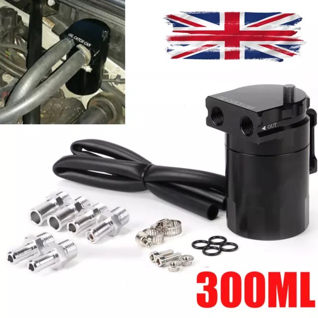 Black Universal Oil Catch Can Kit 300ML Tank Baffled Reservoir Breather Filter