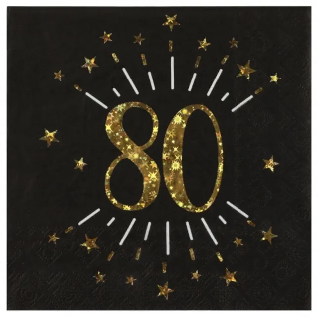 Black Gold 80th Birthday Paper Napkins | Foil Age 80 Party Tableware x 10