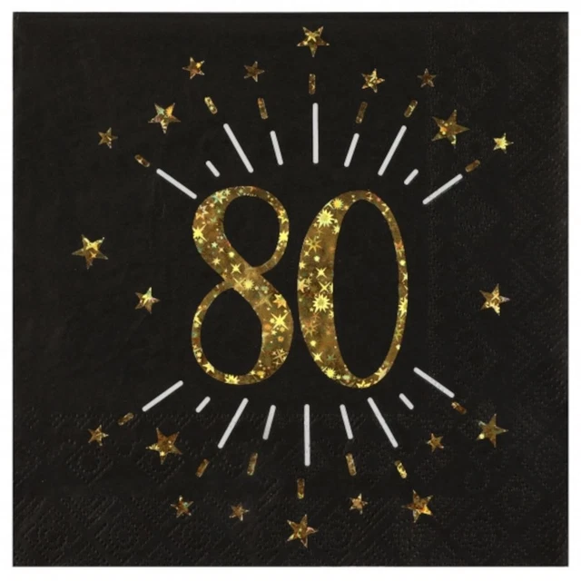 Black Gold 80th Birthday Paper Napkins | Foil Age 80 Party Tableware x 10