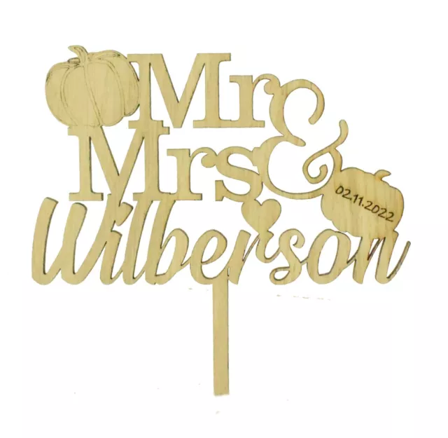 Oak Veneer Personalised 'Mr & Mrs' Cake Topper with Pumpkins Halloween Wedding