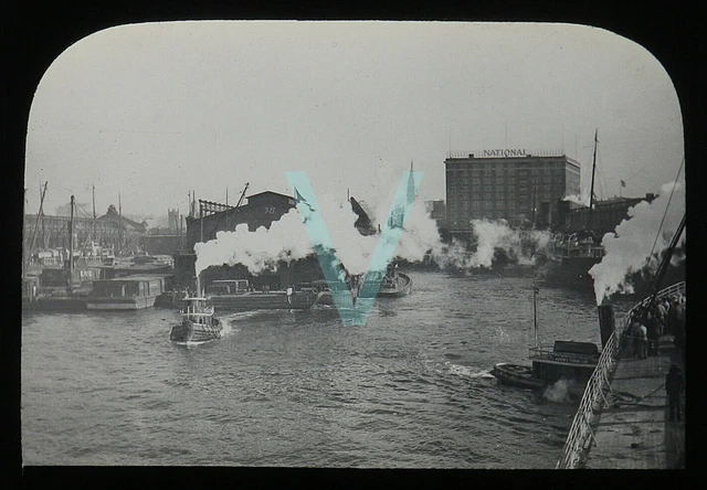 Antique Glass Magic Lantern Slide - Busy Harbour Scene - New York (?) Usa