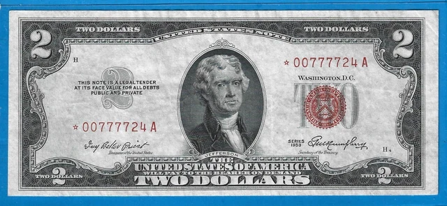 1953 $2 USN Legal Tender Rare *Star* 007(777) Note,Red Seal,Circ Crisp VF,Nice!