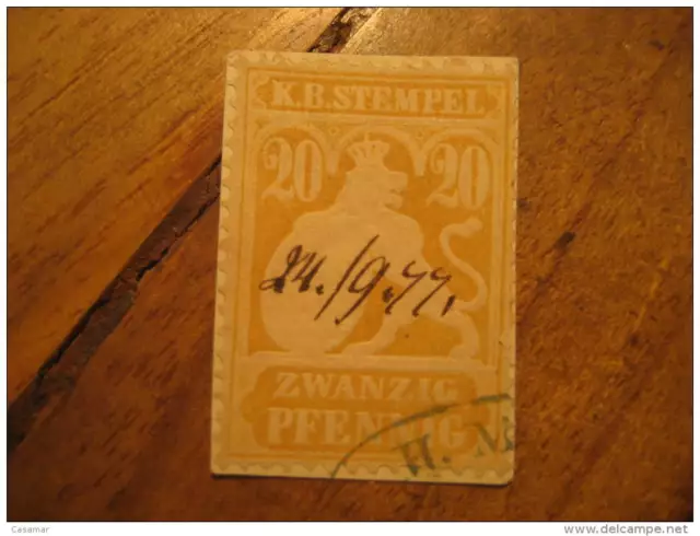 Bayern 20 Pf K. B.Stempel 1877 Lion On Piece Revenu Fiscal Tax Postage Due Off