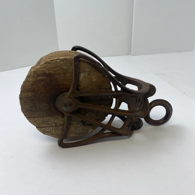 Vintage Barn Pulley Cast Iron and Wood Hay Loft Drop Pulley Old Farm Tool