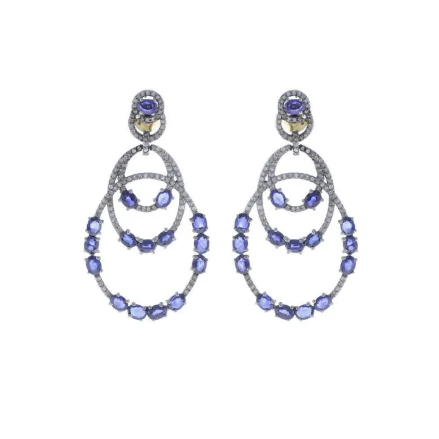 Pave Diamond Earring 925 Sterling Silver Blue Sapphire 14K Gold Jewelry