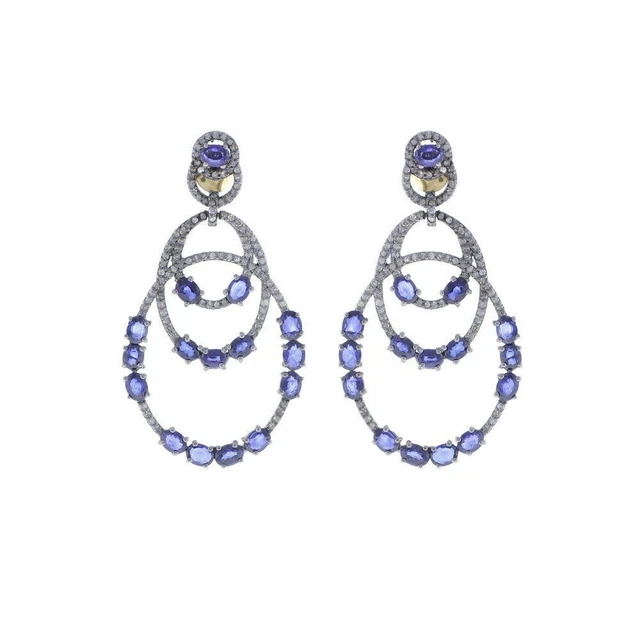 Pave Diamond Earring 925 Sterling Silver Blue Sapphire 14K Gold Jewelry