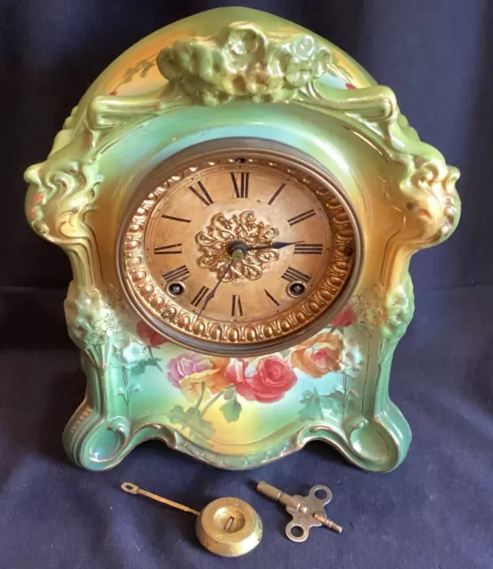 WATCH VIDEO!  Antique Ansonia Royal Bonn La Scarpe Porcelain Mantle Clock