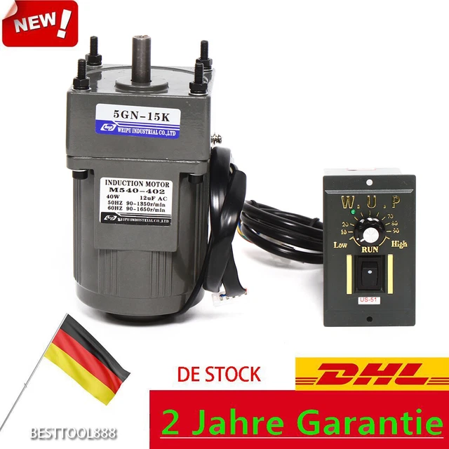 Elektrische reductiemotor, 40 W, 15 K, motor met verstelbare versnelling, 40 W, traploos verstelbare motor, eenfasige motor met snelheidsregelaar