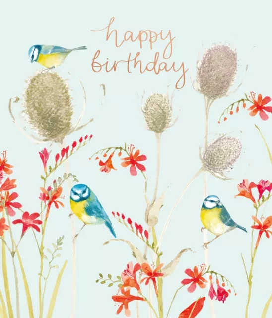 Beautiful Bluetits Happy Birthday Card - Flower Birds Illustration Greeting Card