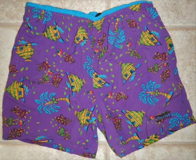 Vintage Mervyn's Cheetah Lined Swim Trunks Shorts Tribal Hut Palm Trees Purple