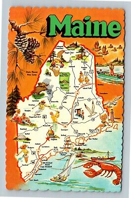 Map State, State Flower, Maine Vintage Postcard