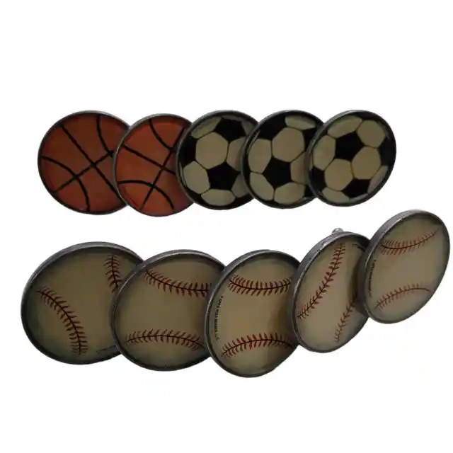 Set of 10 sports ball door cabinet knob pulls, soccer, basketball, baseball