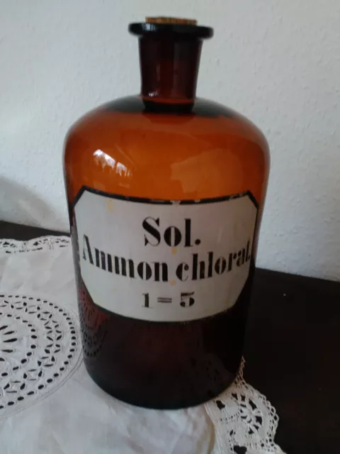 Apothekerflasche;Sol. ammon chlorat; 3 ltr.;braunglas;Korkenstöpsel;Loft;Deco