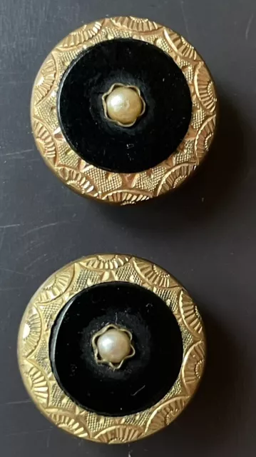 Boutons De Manchette Ancien Onyx & Perle en Plaqué or Guilloché