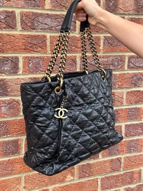 CHANEL Quilted Caviar Leather CC Logo Large Shopper Bag Black