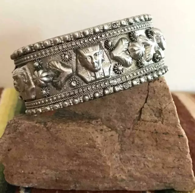 Vtg 30s-40s Egyptian Revival Sterling Cuff Bracelet Repousse Tutankhamun 48 gram