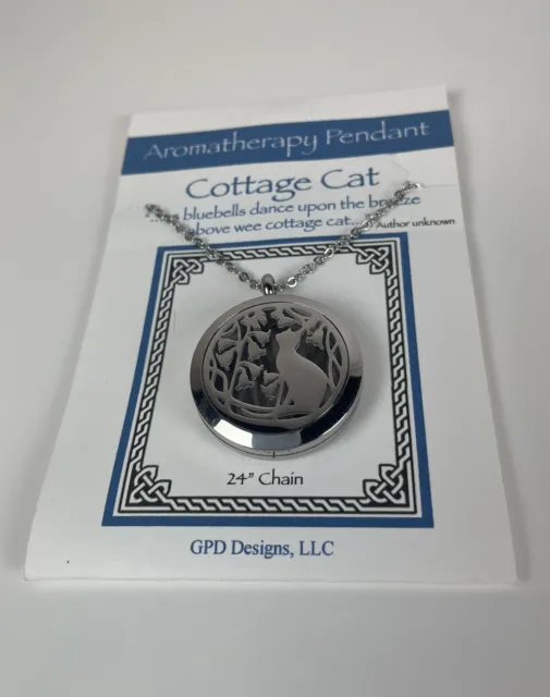 Celtic Cottage Cat Locket Stainless Steel 24” Necklace Aromatherapy 1.2” Pendant