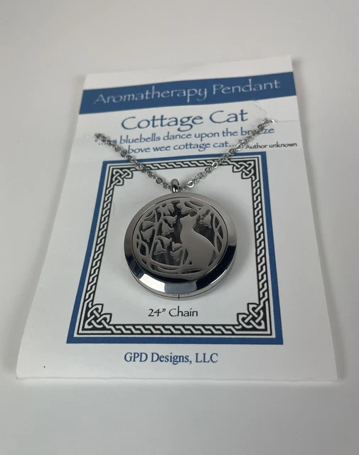 Celtic Cottage Cat Locket Stainless Steel 24” Necklace Aromatherapy 1.2” Pendant Celtic Cottage Cat Locket Stainless Steel 24” Necklace Aromatherapy 1.2” Pendant