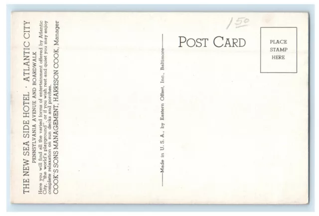 c1940 The New Sea Side Hotel, Atlantic City New Jersey NJ Unposted Postcard 2