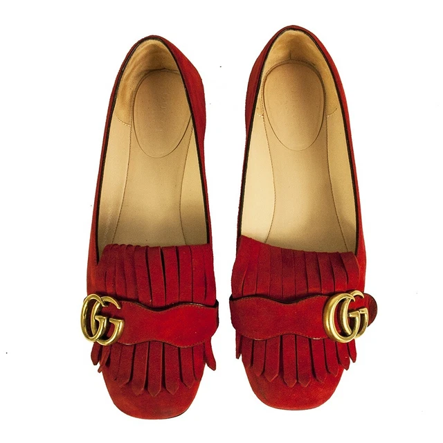 GUCCI Suede GG Marmont Fringe Flats Hot Red Size Loafer Ballerina size 37,5 GUCCI Suede GG Marmont Fringe Flats Hot Red Size Loafer Ballerina size 37,5