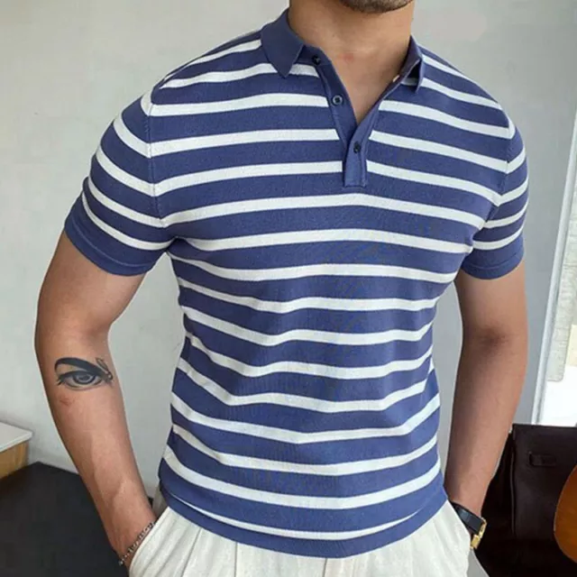 Blue Striped Summer Polo Shirt For Men