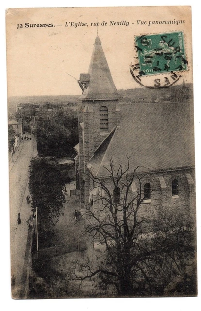 CPA 92 - SURESNES (Hauts de Seine) 72. L'Eglise rue de Neuilly. Vue Panoramique