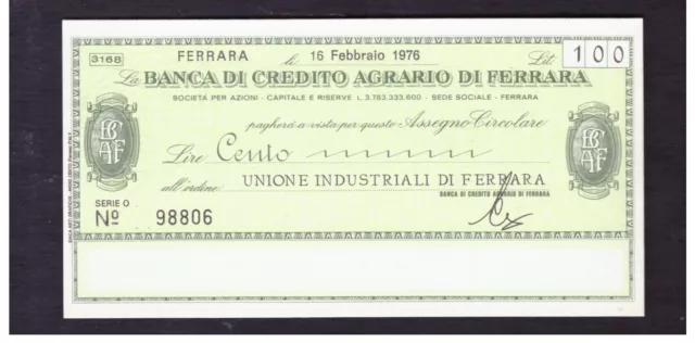 Miniassegno Banca Credito Agrario di Ferrara Unione Industriali 100 L 16-2-1976