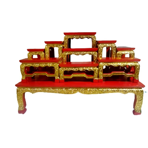 Set 9 Altar Worship Hand Carved Teak Wood Table Thai Buddha Red Gold Home Deco