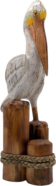 21.5" Freestanding Wooden Pelican on Three Wooden Beams, Nautical Decor