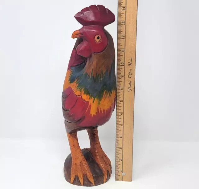 Hand Carved & Painted Wooden Rooster 14" Solid Wood Figurine Rustic Folk Art VTG