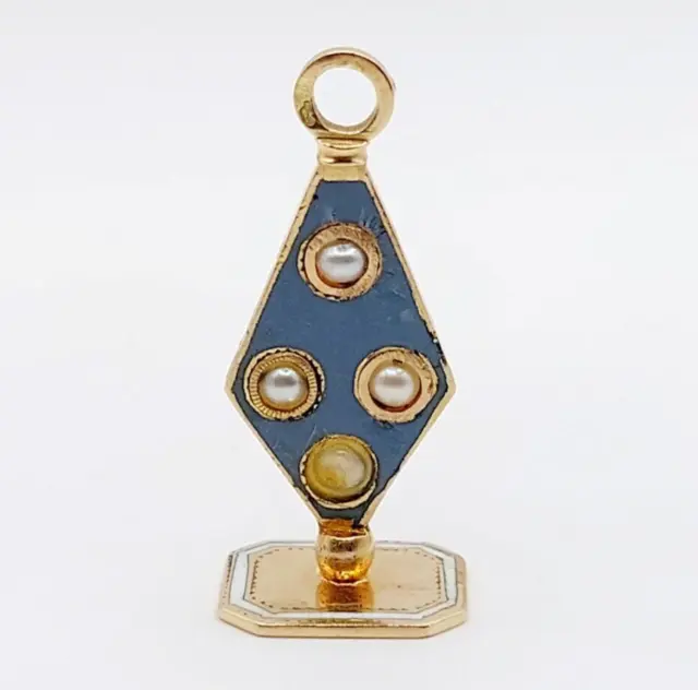 Antico ciondolo cachet sigillo in oro 18k con perline smaltate blu (circa 1900)