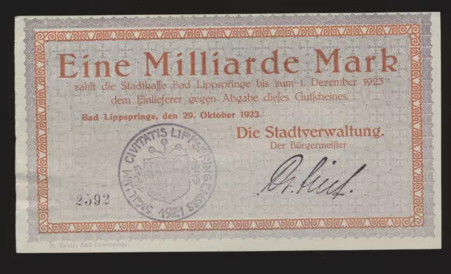 Bad Lippspringe 1 Milliarde Mark  29  Oktober 1923  Notgeld aus Westfalen ( K14