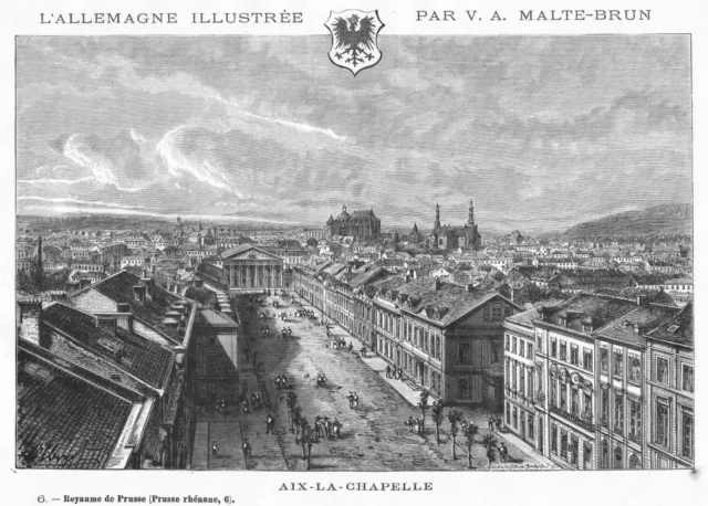 Aachen, Ansicht mit Stadtwappen, Holzstich von Clerget von 1888