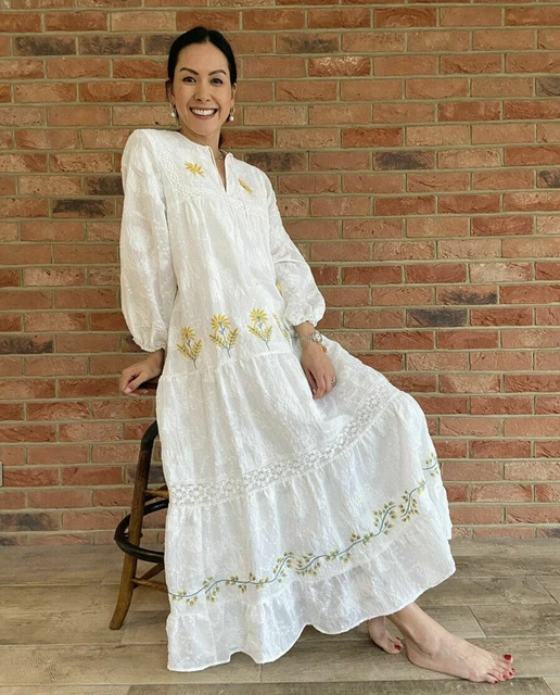 ZARA WHITE LONG Embroidered Dress With Ruffled Hem Size L 59.99 - PicClick  UK