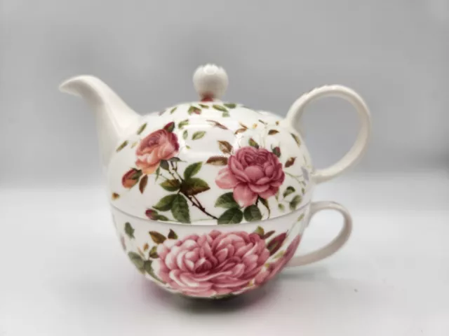 Tea For One Porcelain Pink Rose Floral Tea Pot With Lid and Cup Set