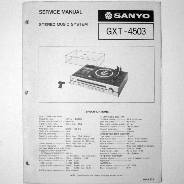 SANYO ® Model GXT4503 Stereo Music System - Service Manual © 1977 New Old Stock