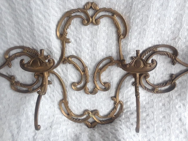 Vintage Solid BRASS 29 " ORNATE Victorian Wall Mount 4 Dbl Hook Rack ORGANIZER