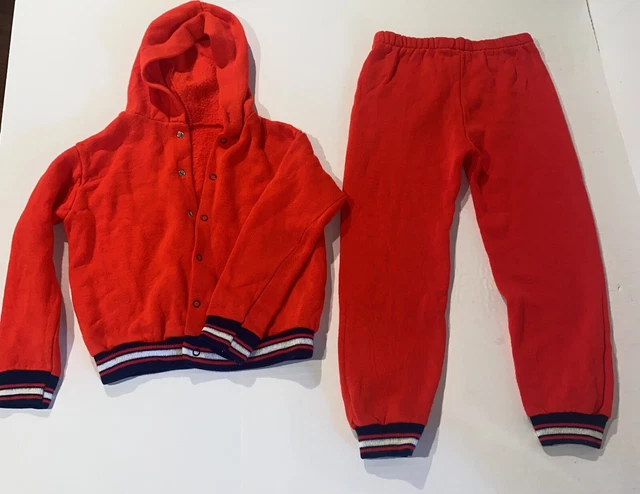 Youth VTG 1970s 2 pc Sweatsuit Warm Up Track Suit Red  W/Blue White Stripes Sz 7