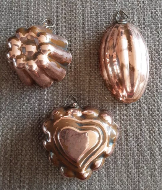 3 Lovely Vintage Small Tin Lined Copper Decorative Jelly/Chocolate Moulds