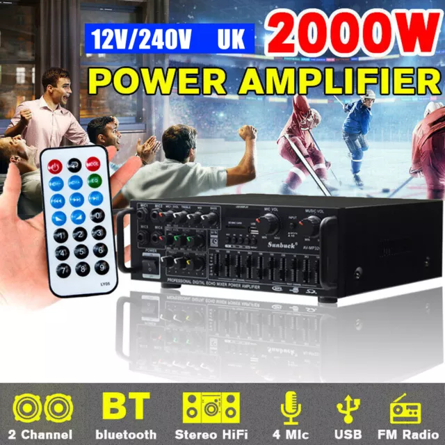 2000W Digital Power Amplifier Bluetooth Stereo HiFi Audio 2CH USB SD FM Car Home